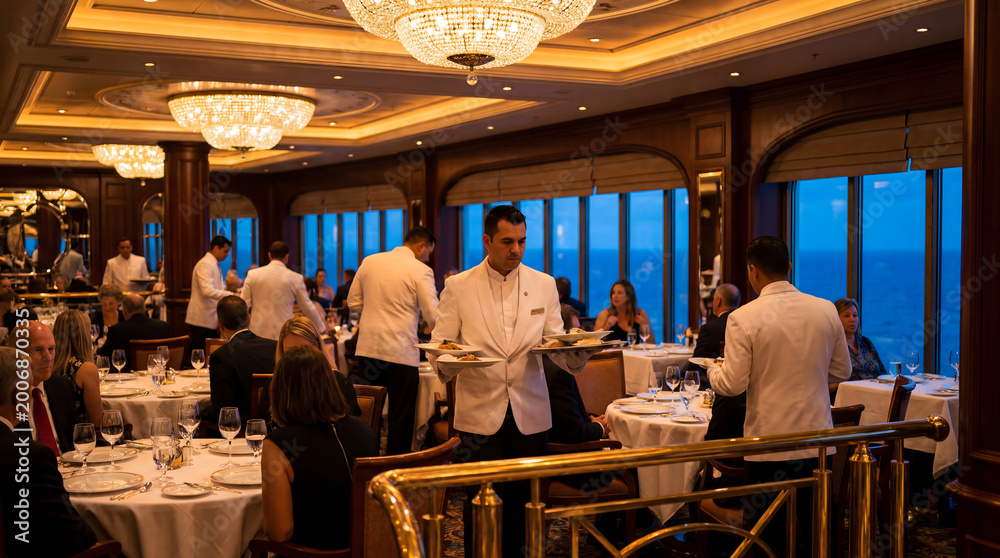 Fototapeta premium Waiter serving dinner in elegant cruise ship dining room at twilight