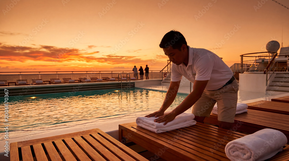 Fototapeta premium Cruise ship steward arranging towels by pool deck at golden hour sunset