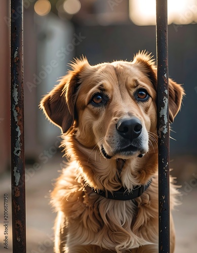 A dog behind bars looks curious