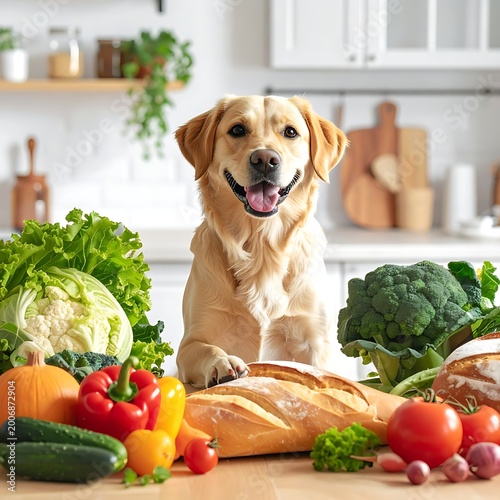 A dog sitting at a kitchen counter with various vegetables
