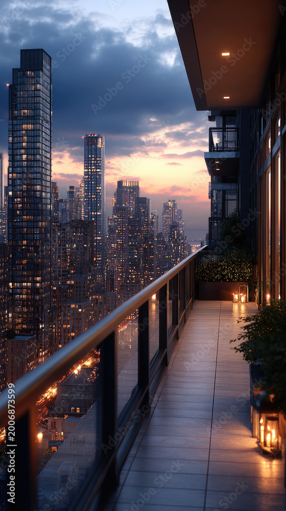 Obraz premium Urban luxury lifestyle overlooking city skyline at night from a modern high rise residential balcony, offering a stunning panoramic metropolitan view at twilight