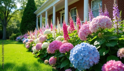 Manicured lawn borders colorful hydrangeas and foxgloves in front of red brick house. Lush garden bed displays vibrant pink white blue blooms. Porch columns add classic charm.