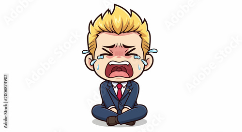 Crying Businessman Chibi Character Sitting on Floor