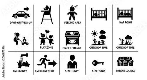 Daycare and Preschool Facility Signage Icons Set