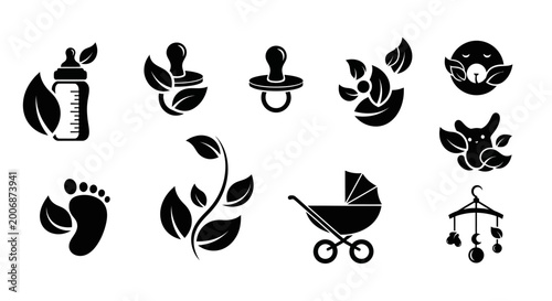 Eco-Friendly Baby Care Icons Set with Nature Motifs