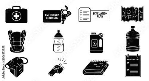 Emergency Preparedness Kit Icons Set