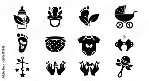Eco-Friendly Baby Care and Newborn Essentials Icon Set