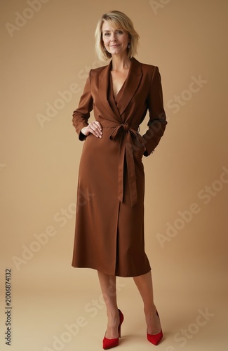 Elegant blonde woman in stylish brown dress and red shoes poses confidently. Mature businesswoman with short hair stands in studio with copy space. Professional, chic, sophisticated style.