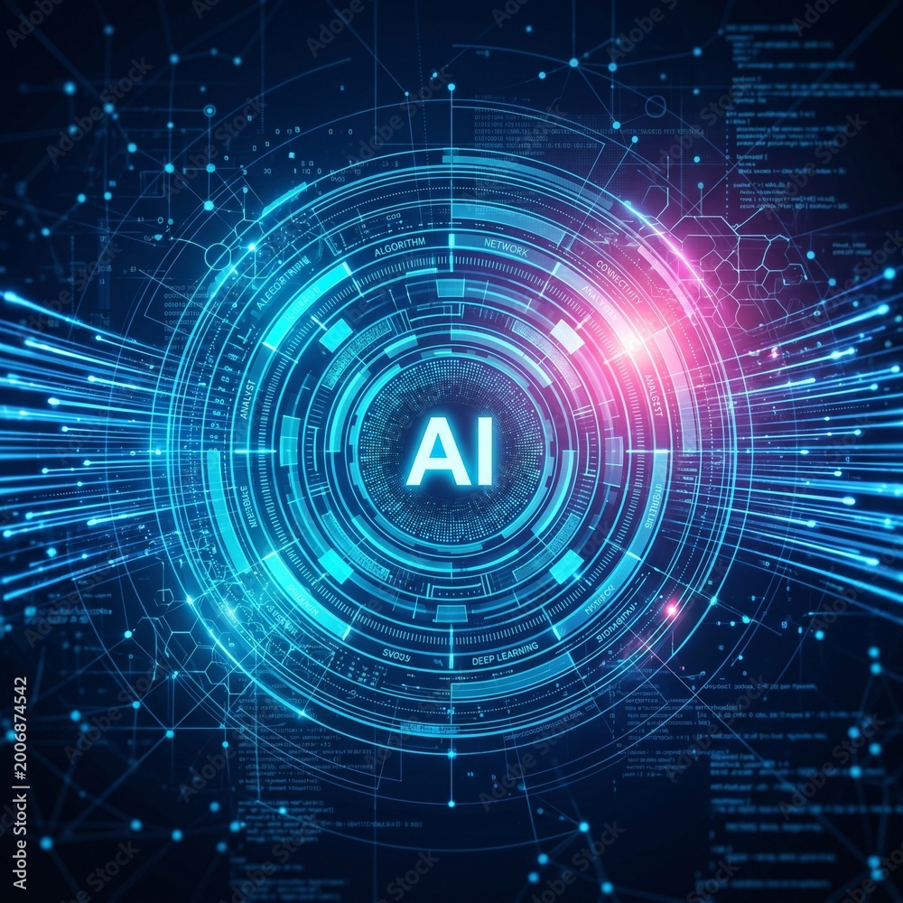 Obraz premium AI technology core, AI digital network, AI futuristic background, artificial intelligence portal, glowing blue rings, digital data stream, advanced computer system, high tech interface, cyber space