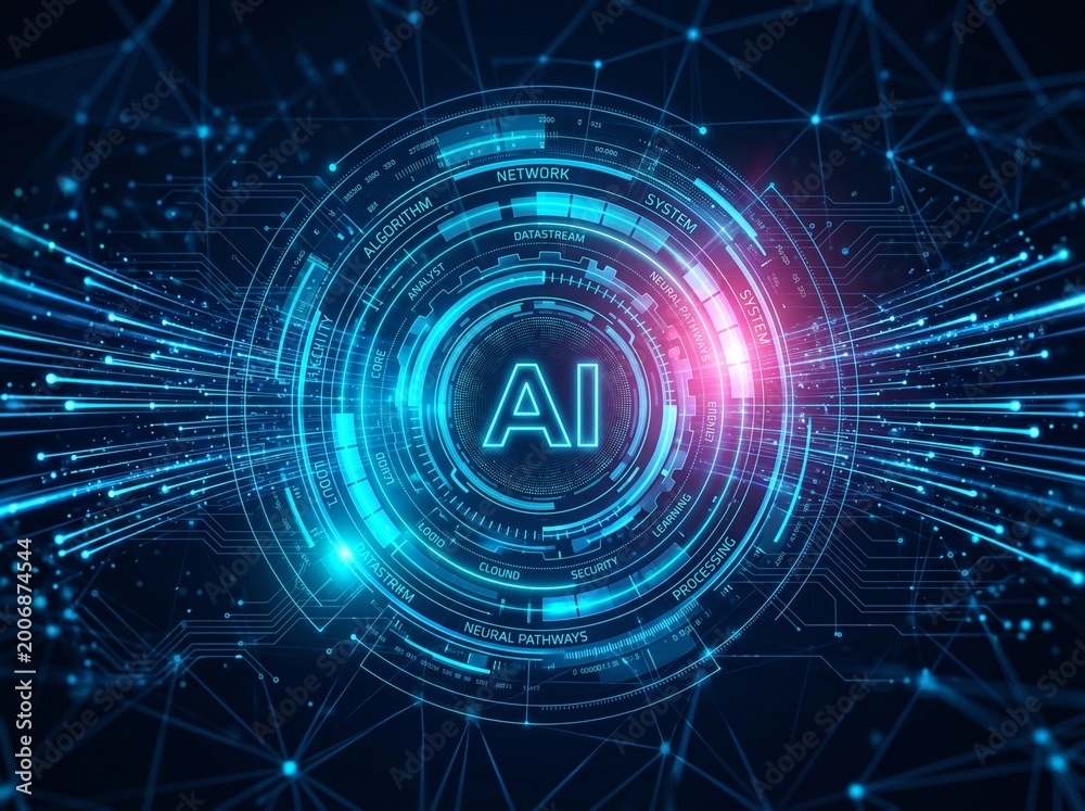 Fototapeta premium AI technology core, AI digital network, AI futuristic background, artificial intelligence portal, glowing blue rings, digital data stream, advanced computer system, high tech interface, cyber space