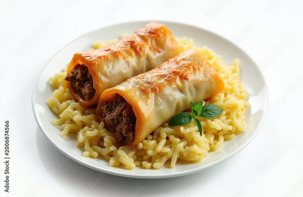 Fototapeta premium Two stuffed cabbage rolls served on white plate with rice, mint leaf garnish. Savory dish features ground meat, rice filling wrapped in tender cabbage leaves, cooked in light sauce. Meal delicious