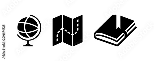 Travel icon set with globe, folded map and book, simple black symbols arranged horizontally.