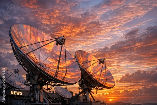 Group of satellite dishes installed on a building roof, suitable for architectural or urban landscape images