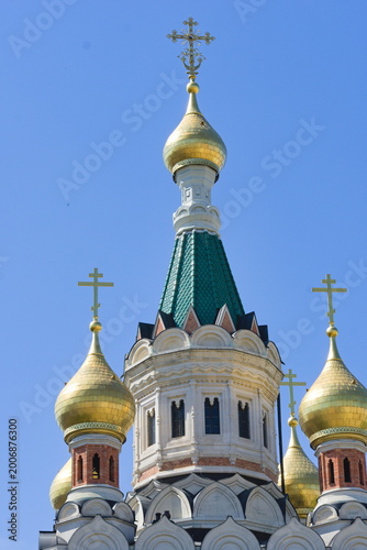 Golden onion domes of a Russian Orthodox cathedral