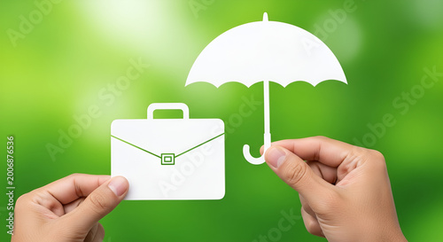 Hands holding paper cutouts of a briefcase and an umbrella representing professional job security and financial protection concepts in this bright green creative conceptual image