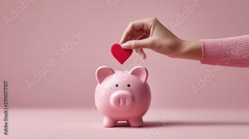 Hand placing a heart into a piggy bank, symbolizing love and savings.