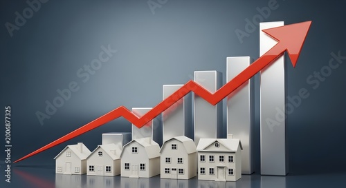 Miniature houses arranged in front of a rising bar chart with a red arrow signify strong growth and positive trends in the global real estate market