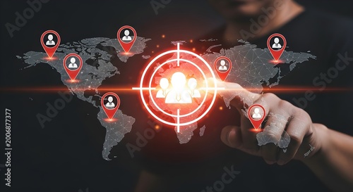 Digital professional interface displaying global marketing strategy with a user targeted demographic focus presented on a holographic world map for modern corporate communication network analysis