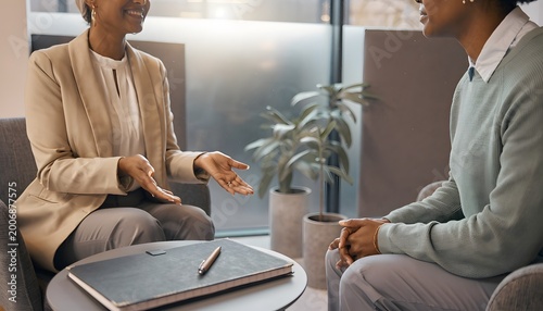 Mental wellbeing coach positioned beside employee in office setting representing workplace support