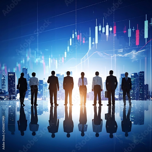 A group of businesspeople standing in front of a stock market graph