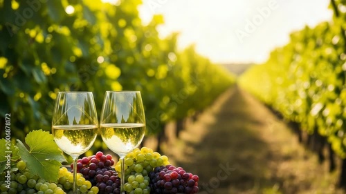Two Glasses Of White Wine Are Showcased With Grapes On Barrel In Vineyard With Rows Of Vines In The Background Good For Wine Promotion Advertising Marketing
