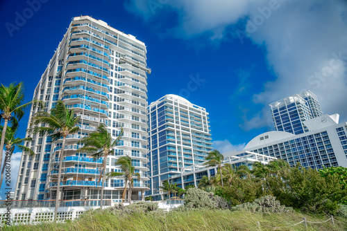 Modern Miami Beach waterfront high-rise condominiums and palm trees. Modern waterfront skyscrapers and green vegetation under blue sky in Miami Beach Florida.