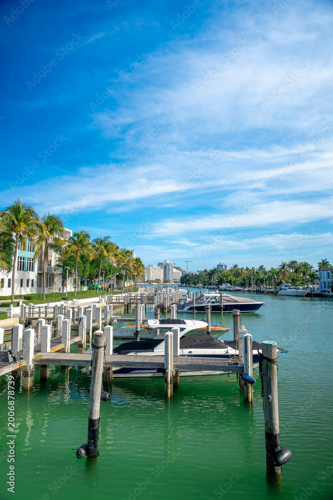 Fototapeta premium Luxury yachts docked at marina in Miami Beach Florida. Boats moored at wooden docks along canal with palm trees and condominiums in Miami USA