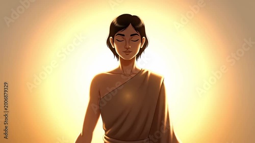 Calm meditating person with closed eyes and glowing light in chest surrounded by warm golden aura on minimal background, peaceful spiritual illustration. Concept of inner peace and mindfulness