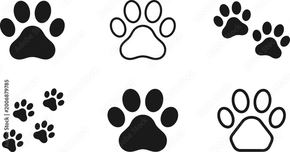 Fototapeta premium Collection of simple black and white animal paw print icons designed as a minimalist vector illustration for use in pet graphic projects