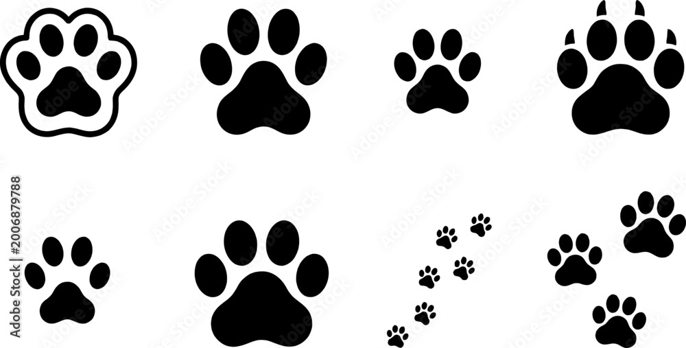 Fototapeta premium Simple collection of animal paw print silhouettes featuring various styles and sizes for creative graphic design projects and digital art creation purposes