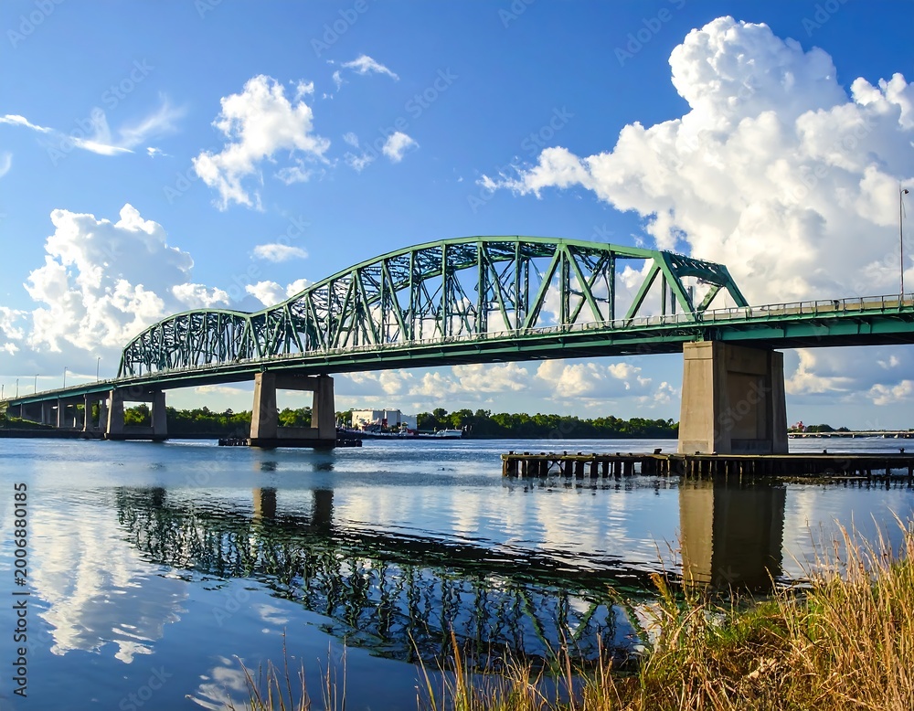 Obraz premium A large steel bridge spans a wide river, reflecting the vibrant blue sky and fluffy white clouds. The structure is painted green