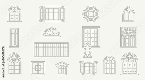 Extensive collection of diverse window and door architectural designs, detailed vector illustrations on a plain light background.