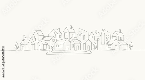 Continuous one line art drawing of a minimalist village or town skyline with houses on a bright background