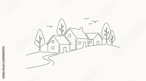 Schilderij op canvas Continuous one line art drawing of a simple village scene with houses and trees
