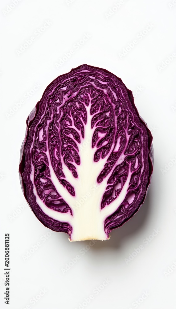 Fototapeta premium Half of a vibrant red cabbage is isolated on a clean white surface. Its intricate layered leaves reveal a stark white core, forming a beautiful natural pattern, perfect for culinary or health content.