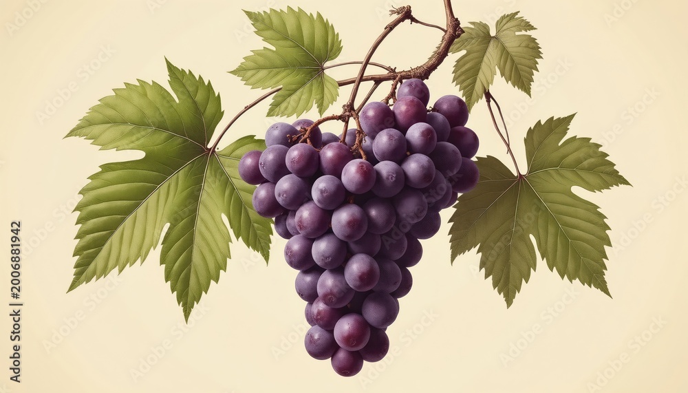 Naklejka premium Ripe purple grapes hang on vine with green leaves. Illustration style sepia tones give vintage feel. Perfect for wine menus or food publications. Healthy fresh fruit, great for harvest themes.