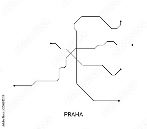 Photography Black and white vector illustration of an approximate Prague metro map, designed as a minimal schematic transit diagram