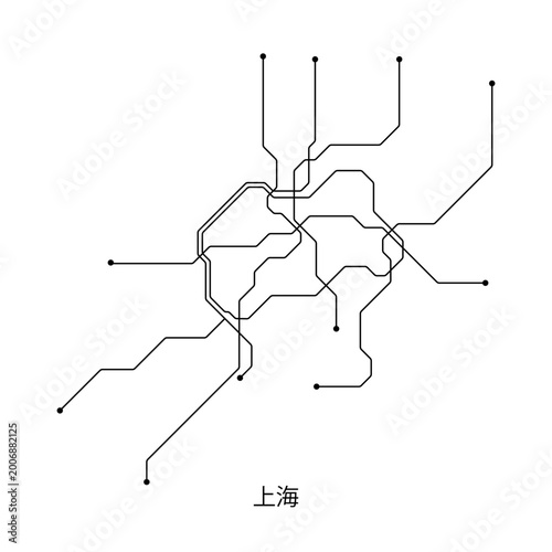 Fotografija Black and white vector illustration of an approximate Shanghai metro map, designed as a clean schematic transit diagram