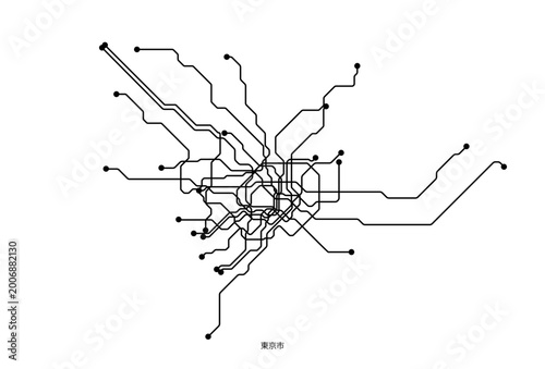 Cuadro en lienzo Black and white vector illustration of an approximate Tokyo metro map, designed as a clean schematic transit diagram