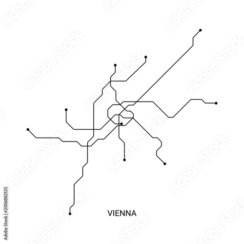 Canvas Print Black and white vector illustration of an approximate Vienna metro map, designed as a simple schematic transit diagram