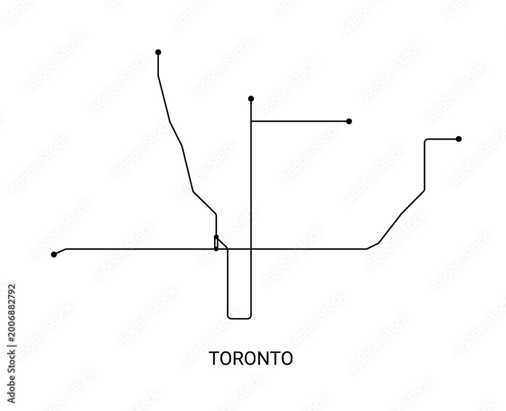 Fototapeta premium Minimal black and white vector illustration of an approximate Toronto metro map with transit lines and station points.