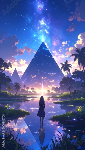 A lone figure gazes up at a glowing celestial pyramid