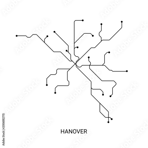 Принти на полотні Minimal black and white vector illustration of an approximate Hanover metro map with clean transit lines and station markers
