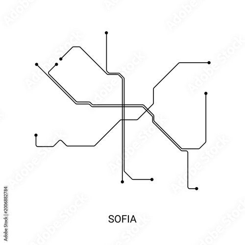 Fotografia Minimal black and white vector illustration of an approximate Sofia metro map with transit lines and station points