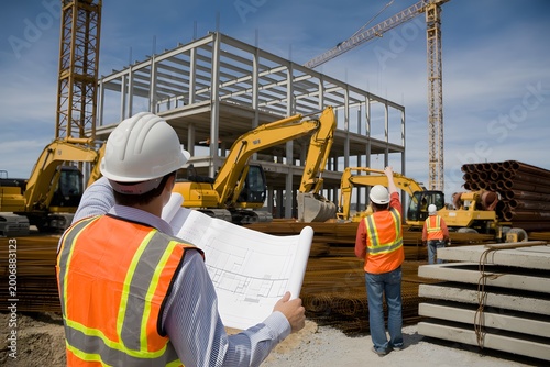 Engineer in safety vest holding blueprints at active construction site with building structure