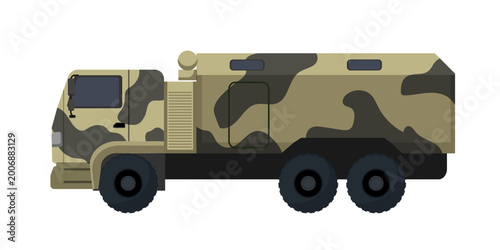 Fotografia Flat vector illustration of a camouflage military utility truck with enclosed rear body, isolated on a white background for transport design