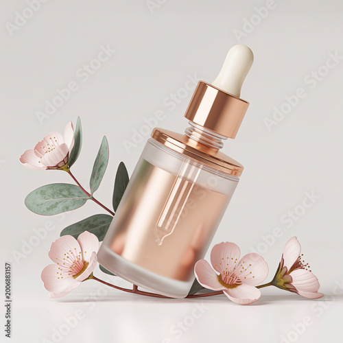 Premium Skincare Serum Mockup Featuring Natural Botanical Elements and Soft Lighting