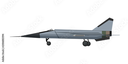 Fotografía Flat vector illustration of a military jet aircraft in side view, isolated on a white background for aviation and defense design