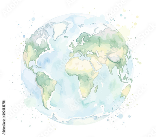 Earth globe watercolor map with soft green and blue continents detail.