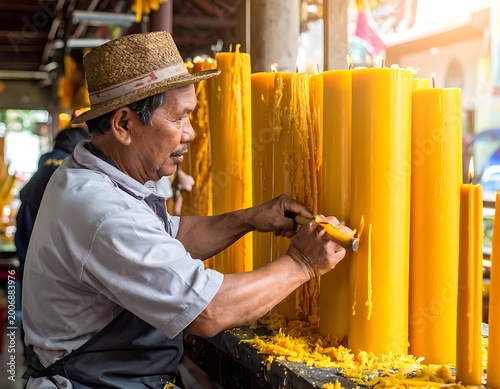 A man in a workshop shaping large yellow candles